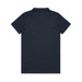 A dark navy polo shirt with a collar and short sleeves, featuring a logo on the front. A dark navy polo shirt with a collar and short sleeves, featuring a logo on the front.