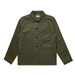 An olive green chore jacket featuring a collared neckline, front pockets, and a button closure. It has a logo. An olive green chore jacket featuring a collared neckline, front pockets, and a button closure. It has a logo.