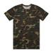 A camouflage patterned T-shirt in shades of green and brown. The shirt features a crew neckline and has a logo. A camouflage patterned T-shirt in shades of green and brown. The shirt features a crew neckline and has a logo.