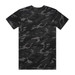 A black and grey camo-patterned t-shirt featuring a back view. It has a branding logo on it. A black and grey camo-patterned t-shirt featuring a back view. It has a branding logo on it.