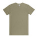 A light olive green t-shirt with a simple design and a branding label at the neck. A light olive green t-shirt with a simple design and a branding label at the neck.
