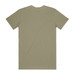A back view of a staple organic tee in olive green colour, featuring a simple design and a logo. A back view of a staple organic tee in olive green colour, featuring a simple design and a logo.