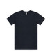 A dark navy organic T-shirt with a simple crew neck design and a label tag, featuring a logo. A dark navy organic T-shirt with a simple crew neck design and a label tag, featuring a logo.