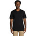 A black V-neck T-shirt with short sleeves, featuring a logo on the side. A black V-neck T-shirt with short sleeves, featuring a logo on the side.