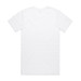 A white organic t-shirt with a plain back, featuring a logo on the label.