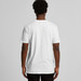A white organic t-shirt is displayed from the back, featuring a simple design and a logo.