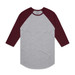 A grey and burgundy raglan tee with three-quarter sleeves, featuring a logo on the label. A grey and burgundy raglan tee with three-quarter sleeves, featuring a logo on the label.