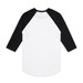 A raglan tee featuring a white body with black sleeves. The back view showcases the contrasting colours and a logo. A raglan tee featuring a white body with black sleeves. The back view showcases the contrasting colours and a logo.