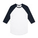 A Raglan Tee featuring white body and navy blue sleeves, with a logo on the label. A Raglan Tee featuring white body and navy blue sleeves, with a logo on the label.