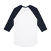 A raglan tee featuring a white body with navy blue sleeves. The back view showcases a classic design with a curved hem. A raglan tee featuring a white body with navy blue sleeves. The back view showcases a classic design with a curved hem.