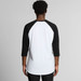 A raglan tee with a white body and black three-quarter sleeves, featuring a logo on the back. A raglan tee with a white body and black three-quarter sleeves, featuring a logo on the back.