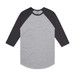A grey and charcoal raglan tee with three-quarter sleeves and a round hem, featuring a logo.