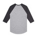 A grey and black raglan tee with three-quarter sleeves, featuring a logo on the back side. A grey and black raglan tee with three-quarter sleeves, featuring a logo on the back side.