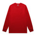 A long-sleeve red t-shirt with a plain design and a logo on the neckline.