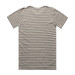 A striped t-shirt in brown and white with short sleeves and a round neckline, featuring a branding logo. A striped t-shirt in brown and white with short sleeves and a round neckline, featuring a branding logo.