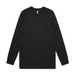 A black long-sleeve t-shirt with a round neckline and no visible designs. It features an attached brand logo. A black long-sleeve t-shirt with a round neckline and no visible designs. It features an attached brand logo.