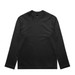 A black long-sleeve t-shirt with a round neckline and a label at the collar. It features a logo.