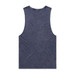 A stone wash tank top in a dark blue hue, featuring a sleeveless design and a brand logo. A stone wash tank top in a dark blue hue, featuring a sleeveless design and a brand logo.