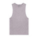 A light grey sleeveless tank top with a soft texture and a logo at the neck. A light grey sleeveless tank top with a soft texture and a logo at the neck.