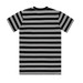 A black and white striped T-shirt with short sleeves and a classic design, featuring a logo on the back. A black and white striped T-shirt with short sleeves and a classic design, featuring a logo on the back.