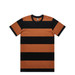 A striped t-shirt featuring wide black and orange stripes, with a round neckline and short sleeves. A striped t-shirt featuring wide black and orange stripes, with a round neckline and short sleeves.