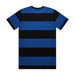 A blue and black striped T-shirt featuring a logo. The design includes wide horizontal stripes. A blue and black striped T-shirt featuring a logo. The design includes wide horizontal stripes.