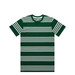 A green striped t-shirt featuring white quad stripes and a logo on the label. Short sleeves and a crew neckline. A green striped t-shirt featuring white quad stripes and a logo on the label. Short sleeves and a crew neckline.