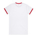 A white T-shirt with red trim around the collar and sleeves, featuring a logo on the back. A white T-shirt with red trim around the collar and sleeves, featuring a logo on the back.