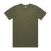 A plain olive green T-shirt with short sleeves and a tag at the neckline, featuring a logo. A plain olive green T-shirt with short sleeves and a tag at the neckline, featuring a logo.