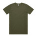 An olive green T-shirt with a classic round neck and short sleeves, featuring a logo on the side. An olive green T-shirt with a classic round neck and short sleeves, featuring a logo on the side.