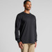 A black long sleeve T-shirt featuring a chest pocket and a logo, worn by a male model. A black long sleeve T-shirt featuring a chest pocket and a logo, worn by a male model.