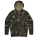 A hoodie featuring a stencil camo pattern in shades of green and brown, with a front pocket and a hood. A hoodie featuring a stencil camo pattern in shades of green and brown, with a front pocket and a hood.