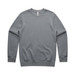 A grey sweatshirt with long sleeves and a round neckline, featuring a logo on the label.