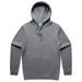 A grey zip hoodie featuring a drawstring hood and a front pocket, with a logo on the label.