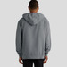 A grey hoodie with a hood, featuring a logo, viewed from the back.