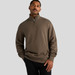 A grey-brown half zip crew jumper with a relaxed fit and a logo displayed.