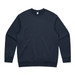 A navy blue sweatshirt with a classic crew neck and ribbed cuffs, featuring a logo on the tag.