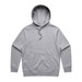 A grey hoodie featuring a front pocket and a drawstring hood, with a logo on the front.