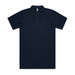 A navy blue polo shirt featuring a collar and a logo. The shirt has short sleeves and a classic fit.