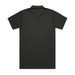 A black polo shirt featuring a collar and short sleeves, with a plain back and a logo.
