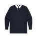 A navy rugby jersey with a white collar and long sleeves, featuring a logo on the chest.