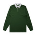 A dark green rugby jersey with a white collar and long sleeves, featuring a small placket. It includes a logo.
