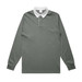 A long-sleeved grey rugby jersey with a white collar and a logo on the chest.