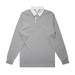 A grey long-sleeve rugby jersey with a white collar and a logo.