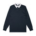 A long-sleeved rugby jersey in navy blue with a white collar and a small placket, featuring a logo.