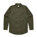 A button-up shirt in olive green with long sleeves and a chest pocket, featuring a logo. A button-up shirt in olive green with long sleeves and a chest pocket, featuring a logo.