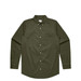 A button-up shirt in olive green with a collared neckline and a single chest pocket. Features a logo. A button-up shirt in olive green with a collared neckline and a single chest pocket. Features a logo.