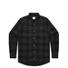 A button-up check shirt in black with a plaid pattern, featuring long sleeves and two chest pockets.