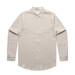 A light beige linen button-up shirt with long sleeves and a single chest pocket. A light beige linen button-up shirt with long sleeves and a single chest pocket.