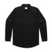 A black cord shirt featuring a button-up design and two chest pockets, with a collar and long sleeves.